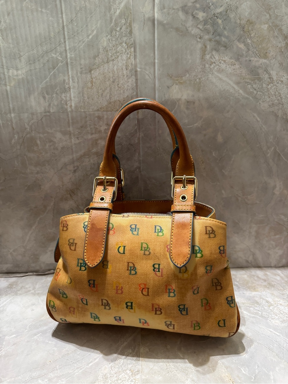 Dooney & Bourke Tan Multicolor DB Monogram Leather-Trim Satchel